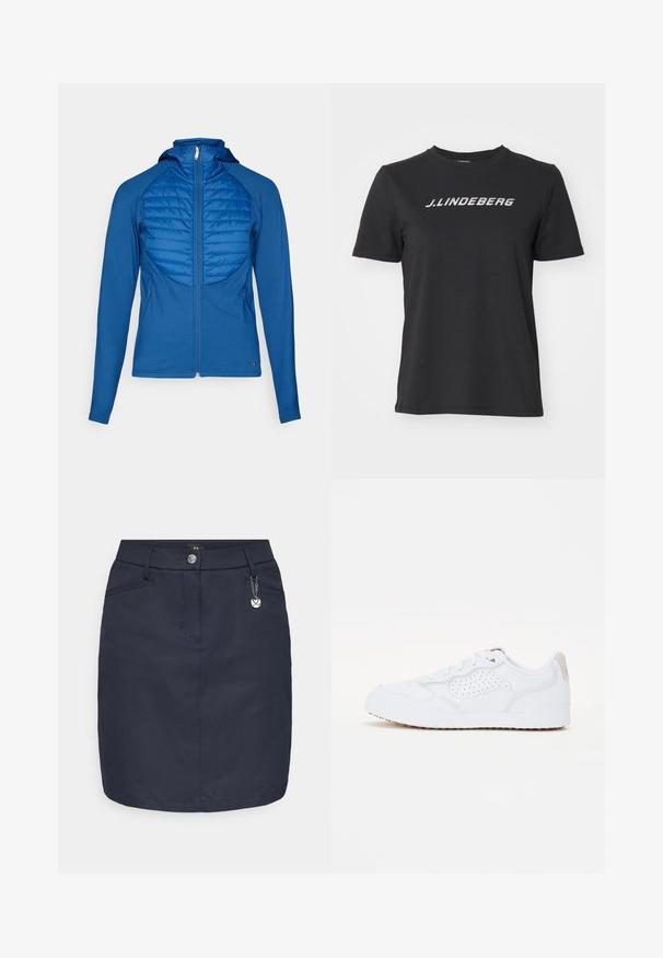 Casaco azul com capuz e painel frontal acolchoado, tecido suave, fecho de correr completo e mangas longas. Apresenta um design ajustado e bolsos laterais.; T-shirt de algodão preto com um logótipo branco "J.Lindberg" no peito. Mangas curtas, decote redondo e um corte padrão.; Saia de algodão de mistura azul-marinho com um corte justo, bolsos frontais, fecho com botão prateado e um charm decorativo na cintura.; Sapatilha branco desportiva com parte superior de textura suave, detalhes de design perfurado, sola de borracha e detalhe em bege no calcanhar.