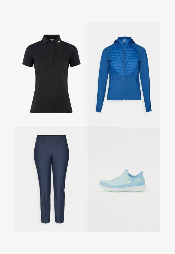 Casaco azul com capuz e painel frontal acolchoado, tecido suave, fecho de correr completo e mangas longas. Apresenta um design ajustado e bolsos laterais.; Polo preto feito de tecido suave, com gola, lista de três botões e mangas curtas. Detalhes do logótipo na gola e na manga.; Calças slim-fit em azul marinho, com fecho de botão, passantes para cinto, bolsos laterais com fecho de correr e fechos de correr nos tornozelos de ambas as pernas.; Sapatilha atlética azul claro com parte superior em malha, biqueira arredondada, sola almofadada e detalhes refletivos. Apresenta atacadores e um calcanhar que oferece suporte.