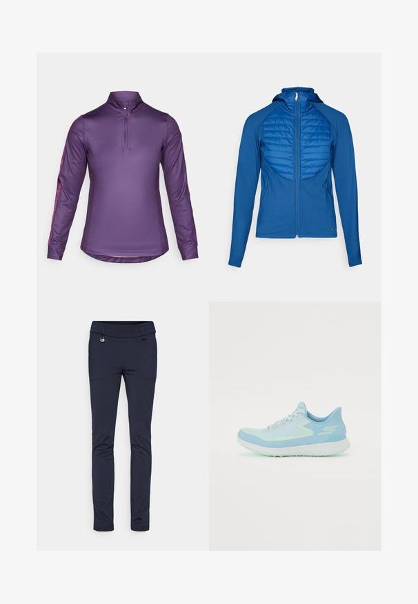 Casaco azul com capuz e painel frontal acolchoado, tecido suave, fecho de correr completo e mangas longas. Apresenta um design ajustado e bolsos laterais.; Top longo roxo com gola com zíper. Apresenta riscas rosas contrastantes ao longo das mangas. Feito de um tecido atlético liso.; Calças ajustadas azul-marinho feitas de tecido elástico, com uma textura suave, detalhes de bolsos frontais e um acabamento em botão metálico.; Sapatilha atlética azul claro com parte superior em malha, biqueira arredondada, sola almofadada e detalhes refletivos. Apresenta atacadores e um calcanhar que oferece suporte.