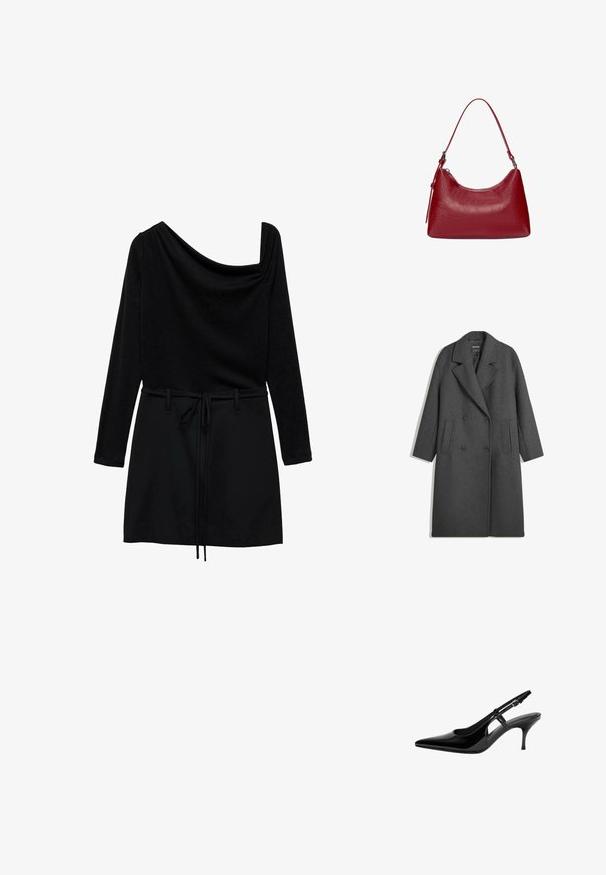 Tummanharmaa pitkä villainen kaksirivinen takki leveillä kauluksilla ja kahdella sivutaskulla, aseteltuna litteänä valkoista taustaa vasten.; Musta mekko, jossa on laskostettu yksittäisolkaiminen muotoilu, pitkät hihat, säädettävä naruhame ja sileä tekstuuri.; Musta lakattu nahkainen slingback-korkokenkä teräväkärkisellä, avonaisilla sivurei'illä, kapealla korolla ja säädettävällä nilkkahihnalla.; Punokas nahkainen olkalaukku, jossa on kaareva muotoilu, sileä pinta ja vetoketjuluukku. Laukussa on ohut kantohihna.