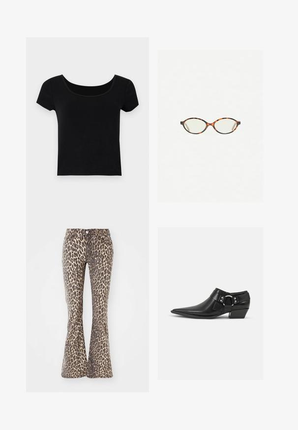 Dark gray long wool double-breasted coat with wide lapels and two side pockets, displayed flat on white background.; Black short-sleeve t-shirt with a wide scoop neckline, made from a soft, stretchy fabric, featuring a fitted cut and no additional patterns.; Leopard print flared jeans in beige and dark brown, featuring a high waist, five pockets, and button closure. Denim fabric with textured finish.; Black leather ankle boots with a pointed toe, featuring a front leather strap and silver buckle detail, and a low, block heel.; Tortoiseshell eyeglasses with oval lenses and a sleek, smooth finish. Features thin sides with a subtle curve at the temples. Clear lenses.; Black glossy handbag with a curved silhouette, two handles, and a front logo plaque. Zip closure and shiny hardware accents.