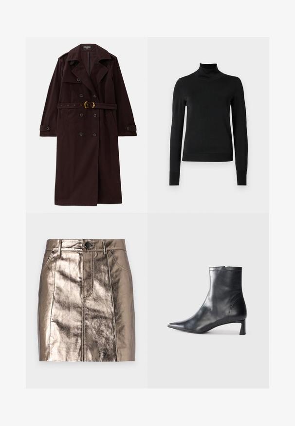 Burgundský dvouvrstvý trenčkot s páskem v pase, výstřihovým límcem a předními kapsami. Vyrobeno z odolné tkaniny s hladkou texturou.; Černý dlouhý rukáv rolák se žebrovanými manžetami a lemem, vystavený na čistě bílém pozadí.; Metalická bronzová džínová mini sukně s rovním střihem, předními kapsami a páskem s knoflíkovým zapínáním. Hladká a lesklá textura.; Černé kožené kotníkové boty s špičatou špičkou a elegantním designem. Mají nízký podpatek a zipové zapínání na zadní straně. Hladká textura.