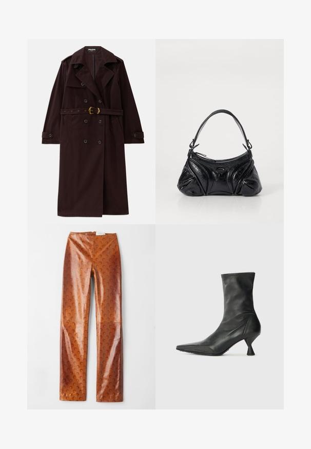 Bordeaux dubbele trenchcoat met dubbele rij knopen, een ceintuur in de taille, een gekarteld kraag en voorzakken. Gemaakt van een duurzaam stof met een soepele textuur.; Zwarte, korte trui met lange mouwen, gemaakt van zachte, fluffy stof. Heeft een ronde halslijn en een gestructureerd oppervlak.; Bruine nep leren broek met een gestructureerd oppervlak en een halvemaanpatroon, hoge taille en een rechte pijp silhouet.; Zwarte leren enkelboot met een puntige neus, textuur op de neuskap en een slanke, kegelvormige hak. Gladde oppervlakte met subtiele stikdetails.; Zwarte handtas van gestructureerd leer met een afgeronde vorm. Beschikt over een dunne schouderband en decoratieve reliëfpatronen.