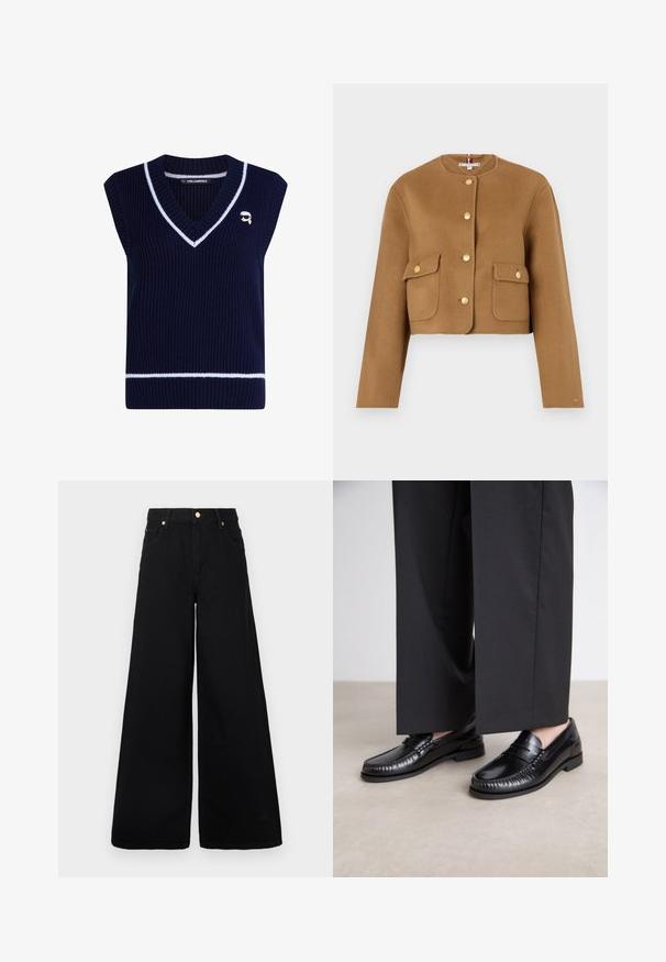 Gekürzter brauner Wollmantel mit rundem Ausschnitt, goldenen Knöpfen und zwei vorderen Klappentaschen. Glatte Textur, minimalistisches Design.; Dunkelblaues, geripptes, ärmelloses Strickoberteil mit V-Ausschnitt und weißen Streifenakzenten. Verfügt über ein kleines, auf die Brust gesticktes Logo.; Schwarze, weit geschnittene Jeans aus Denim mit hoher Taille, zwei vorderen Taschen und goldenen Hardware-Akzenten am Taillenbund.; Schwarze Lederloafers mit glatter Oberfläche, genähten Details um die Zehen und einer niedrigen Gummisohle. Kombiniert mit weiten schwarzen Hosen.