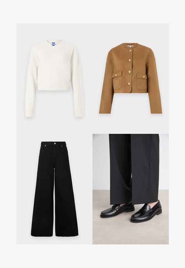 Gekürzter brauner Wollmantel mit rundem Ausschnitt, goldenen Knöpfen und zwei vorderen Klappentaschen. Glatte Textur, minimalistisches Design.; Weißer, kurzer Pullover aus weichem Strickmaterial. Hat einen V-Ausschnitt, gerippten Saum und ein kleines Herzsymbol auf der linken Brust.; Schwarze, weit geschnittene Jeans aus Denim mit hoher Taille, zwei vorderen Taschen und goldenen Hardware-Akzenten am Taillenbund.; Schwarze Lederloafers mit glatter Oberfläche, genähten Details um die Zehen und einer niedrigen Gummisohle. Kombiniert mit weiten schwarzen Hosen.