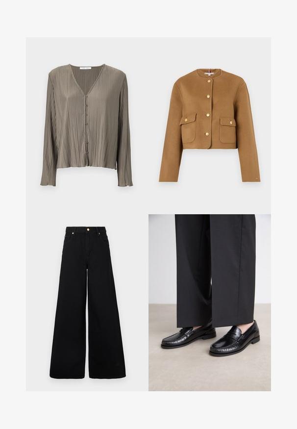 Przycięta brązowa wełniana kurtka z okrągłym dekoltem, złotymi guzikami i dwiema przednimi kieszeniami z klapami. Gładka tekstura, minimalistyczny design.; Plisowana bluzka z długim rękawem w oliwkowej zieleni, z dekoltem w kształcie litery V i sześcioma guzikami z przodu. Gładka, błyszcząca faktura.; Czarne dżinsy o szerokich nogawkach, wykonane z denimu, z wysokim stanem, dwoma przednimi kieszeniami oraz złotymi akcentami na pasku.; Czarne skórzane loafersy o gładkim wykończeniu, z haftowanym detalem wokół palców oraz niską gumową podeszwą. W zestawieniu z szerokimi czarnymi spodniami.