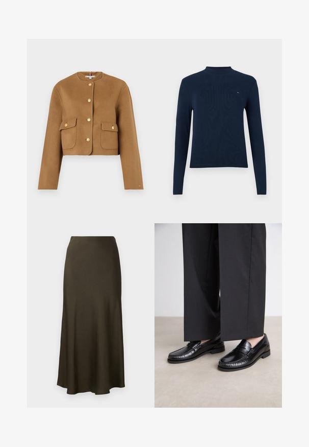 Kratka rjava volna jakna s okroglim ovratnikom, zlatimi gumbi in dvema sprednjima žepoma s preklopom. Gladka tekstura, minimalistična oblika.; Temno modra dolgosleeve polo majica z ovratnikom, rebrasta tekstura, z majhnim logotipom na prsih, z oprijetim krojem in okroglo ovratnikom.; Temno zelena, satenasta dolga krila z razširjenim robom in gladko teksturo. Preprost dizajn, brez vidnih vzorcev ali dodatkov.; Črne usnjene loafer čevlje z gladko površino, stikani detajli okoli prstov in nizko gumijasto podplat. Usklajeni z širokimi črnimi hlačami.