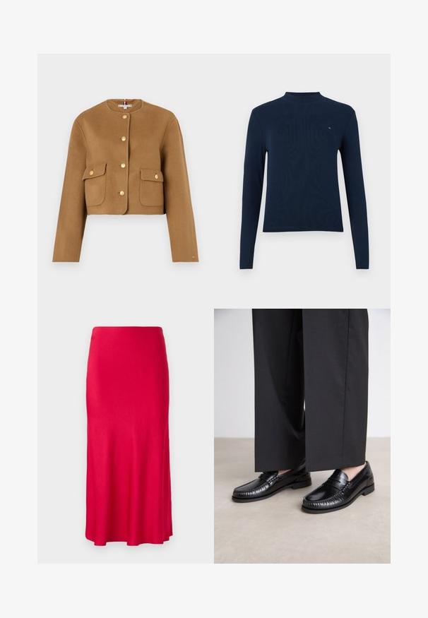 Chaqueta de lana marrón recortada con cuello redondo, botones dorados y dos bolsillos frontales con solapa. Textura suave, diseño minimalista.; Camiseta de cuello alto de manga larga en azul marino, con textura acanalada, que presenta un pequeño logo en el pecho, con un diseño ajustado y escote redondo.; Falda roja de longitud midi hecha de una tela suave y elástica. Ajustada en la parte superior con un fondo acampanado y sin cierres ni patrones visibles.; Mocasines de cuero negro con un acabado suave, con costuras alrededor de la punta y una suela de goma baja. Combinados con pantalones anchos negros.