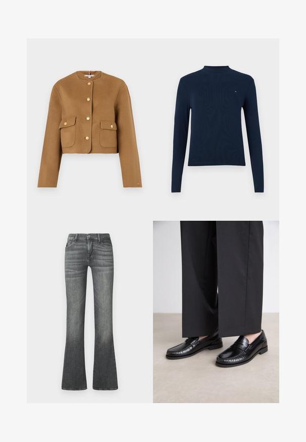 Korte bruine woljack met een ronde halslijn, gouden knopen en twee voorzakken met klep. Gladde textuur, minimalistisch ontwerp.; Marineblauwe lange mouwen turtleneck top, ribbelstructuur, met een klein logo op de borst, in een aansluitend ontwerp en een ronde hals.; Grijze flared jeans van denim, met een middelhoge tailleband, subtiele vervaging en klassiek vijf-pocket ontwerp.; Zwarte leren instappers met een gladde afwerking, gestikte details rond de teen en een lage rubberen zool. Gepaard met brede zwarte broeken.