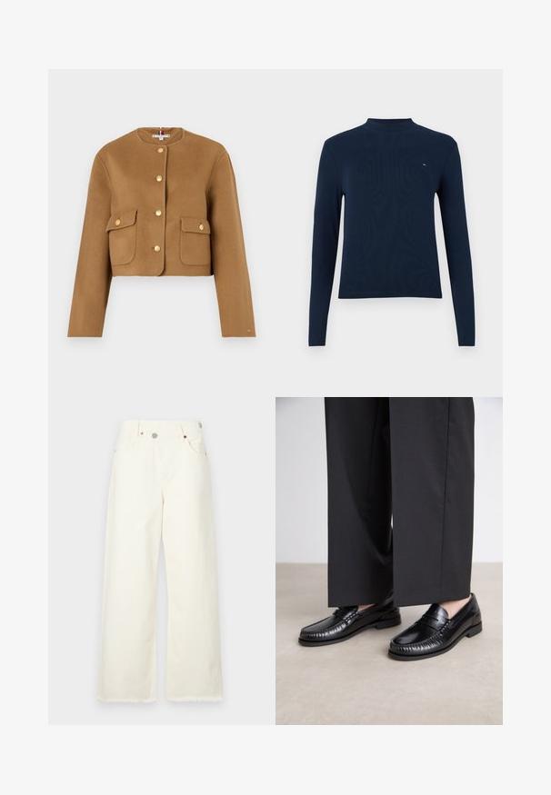 Lyhennetty ruskea villatakki pyöreällä kaula-aukolle, kultanapit ja kaksi etutaskua läpillä. Silkkinen pinta, minimalistinen muotoilu.; Musta sininen pitkähihaisella poololla, ribbitekstuuri, jossa on pieni logo rinnassa, sovitettu muotoilu ja pyöreä kaula-aukko.; leveleita, kermanväriset farkut, joissa on korkeampi vyötärö, viisi taskua ja raaka helma, jotka tarjoavat rentoa istuvuutta.; Mustat nahka loaferit, joissa on sileä pinta, tikattu yksityiskohta varpaiden ympärillä ja matala kumipohja. Yhdistetty leveiden mustien housujen kanssa.