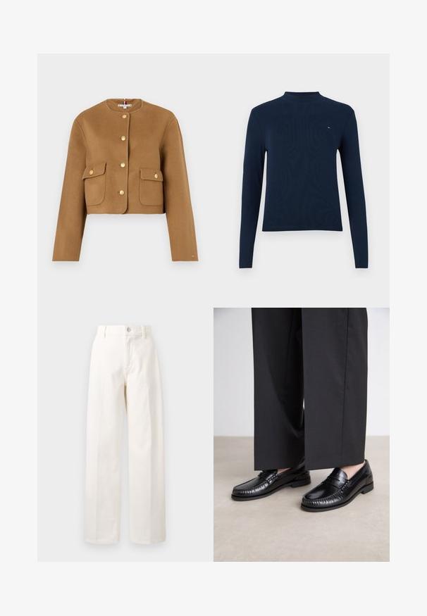 Skraćena smeđa vuna jakna s okruglim izrezom, zlatnim gumbima i dva prednja džepa s preklopom. Glatka tekstura, minimalistički dizajn.; Mornja plava majica s dugim rukavima i visokim ovratnikom, rebraste teksture, s malim logotipom na prsima, prilagodenog kroja i okruglog izreza.; Bijele široke hlače od pamuka, s prednjim zatvaračem na dugme, petljama za remen i ravnim krojem bez vidljivih uzoraka.; Crne kožne mokasine s glatkom završnom obradom, prošivene detalje oko nožnog prsta i niskim gumeni potplat. Uparuđene s širokim crnim hlačama.