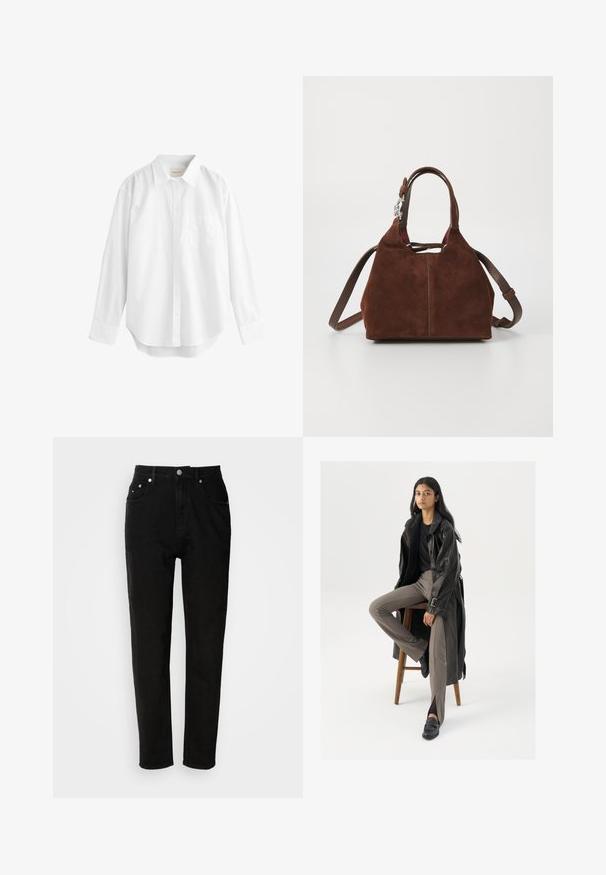 Avonutettu puuvillamekko, jossa on kauluksellinen kaula-aukko, lyhyet hihat, vyöllinen vyötärö ja napituksilla varustetut olkapäät. Mekossa on myös etureikä.; Valkoinen pitkähihaisten paita, joka on valmistettu puuvillasta. Siinä on napitettava kaulus, rintatasku ja kaareva helma. Suora koostumus ja klassinen muotoilu.; Mustat farkut korkealla vyötäröllä, suorat lahkeet, etutaskut ja metallinen nappisuljin. Suuri tekstuuri, jossa on minimalistinen muotoilu.; Musta nahkastakki, jossa on napit ja vyöyksityiskohtia, yhdistettynä vaaleanruskeisiin slim-fit-housuihin ja mustiin loafereihin, istuu puupenkillä.; Ruskea mokkatuotepussi, jossa on rakenteellinen muotoilu, kaksoiskahvat ja irrotettava nahkainen olkahihna. Hopeanväriset metalliosat korostavat tyyliä.