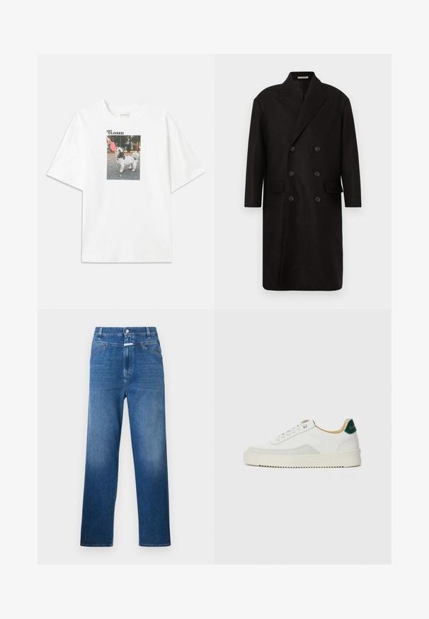 Schwarzer doppelseitiger Wollmantel mit breiten, eingekerbten Revers, zwei Vordertaschen und sechs runden schwarzen Knöpfen. Glatte Textur, midilanges Design.; Weißes Baumwoll-T-Shirt mit einem rechteckigen Fotoaufdruck eines Hundes mit einem rosa Frisbee. Der Text über dem Bild lautet "Bleib GESCHLOSSEN."; Blaue Denim-Jeans mit geradem Bein, ausgestattet mit einem Knopfverschluss, Gürtelschlaufen und dezenten Ausbleichungen an den Oberschenkeln.; Weiße Sneaker mit Wildlederelementen, runder Zehenpartie, flachen Schnürsenkeln und einer cremefarbenen Gummisohle. Mit grünen Markenlogo am Fersenbereich.