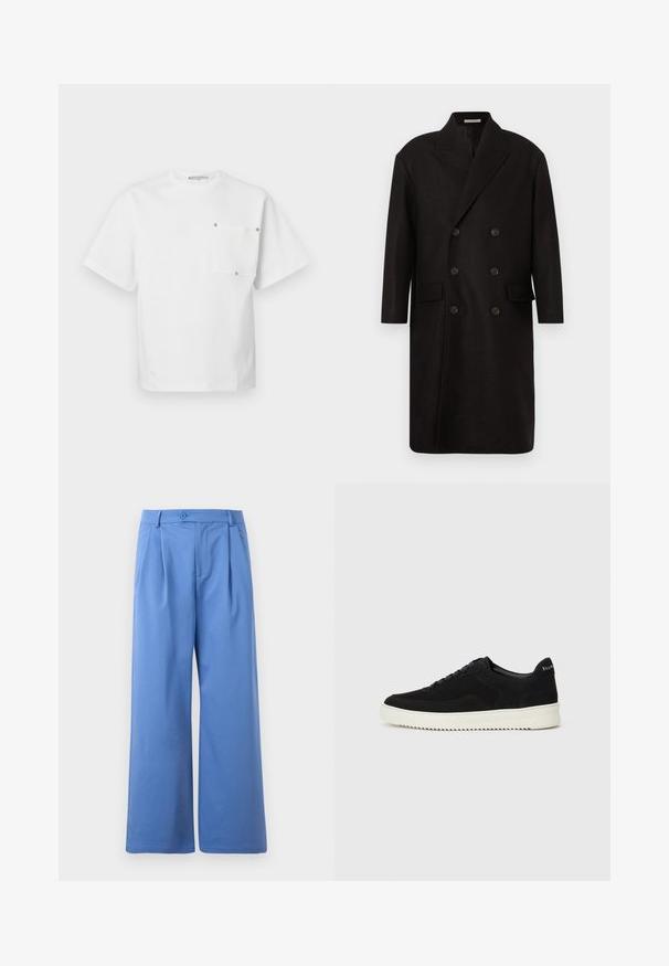 Juodas dvieilis vilnonis paltas su plačiomis įpjautomis atlapomis, dviem priekinėmis kišenėmis ir šešiais apvaliais juodais mygtukais. Lygus tekstūra, vidutinio ilgio dizainas.; Baltos trumpomis rankovėmis apvalaus kaklo marškinėliai su kvadratine kišenėle ant kairiojo krūtinės, pritvirtinta keturiais metaliniais smeigiais.; Mėlynos plačios kelnės, pagamintos iš lygaus audinio. Turi mygtuko užsegimą ir raukšles priekyje. Lygus juosmuo ir be kišenių.; Juodos veliūrinės sportinės bateliai su raištelių dizainu ir kontrastinga balta gumine padais. Yra tekstūruoti šoniniai skydeliai ir subtilus logotipas ant kulno.