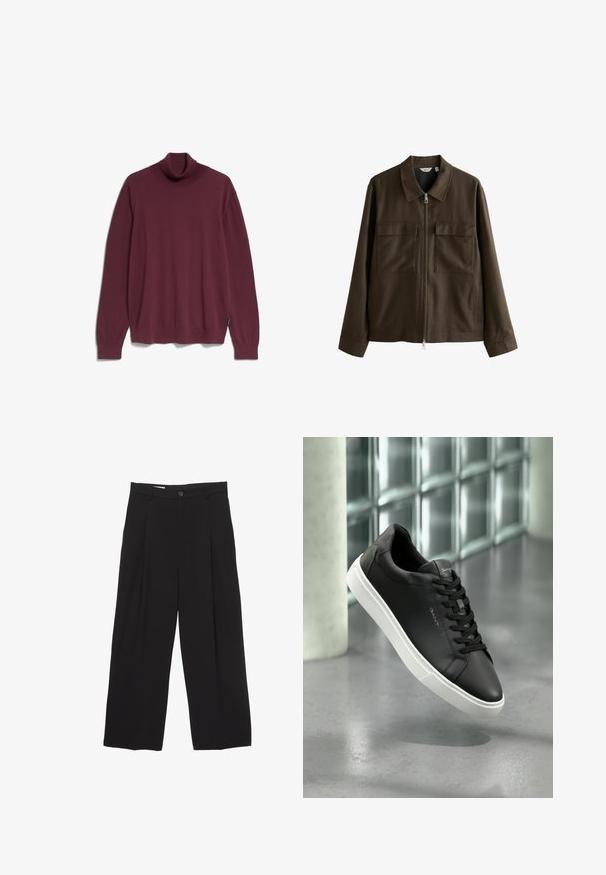 Braune Jacke aus gewobenem Stoff mit Kragen, Frontreißverschluss, zwei großen Brusttaschen und geradem Schnitt mit langen Ärmeln.; ARMEDANGELS GAARDO - Strickpullover - cranberry juice; Schwarze weit geschnittene Hose aus glattem Stoff, mit flachem Taillenbund, vorderen Falten und einer einzigen Knopfverschlus.; Schwarze Ledersneaker mit weißer Gummisohle, runden Zehen und Schnürung. Verfügt über eine glatte Textur und dezente Markenkennzeichnung auf der Zunge.