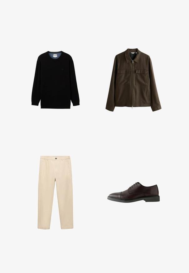 Hnědá bunda vyrobená z tkané látky, s límečkem, předním zipem, dvěma velkými náprsními kapsami a rovný střih s dlouhými rukávy.; Černý svetr s dlouhým rukávem vyrobený z ribbed materiálu s kulatým výstřihem. Na hrudi má decentní logo a kontrastní vnitřní límec.; Bežové, volné kalhoty vyrobené z měkké tkaniny; mají elastický pas, přední kapsy a rovný střih nohavic.; Tmavě burgundské kožené šněrovací boty s kulatou špičkou, plochou černou podrážkou, minimálními švy a hladkým povrchem.
