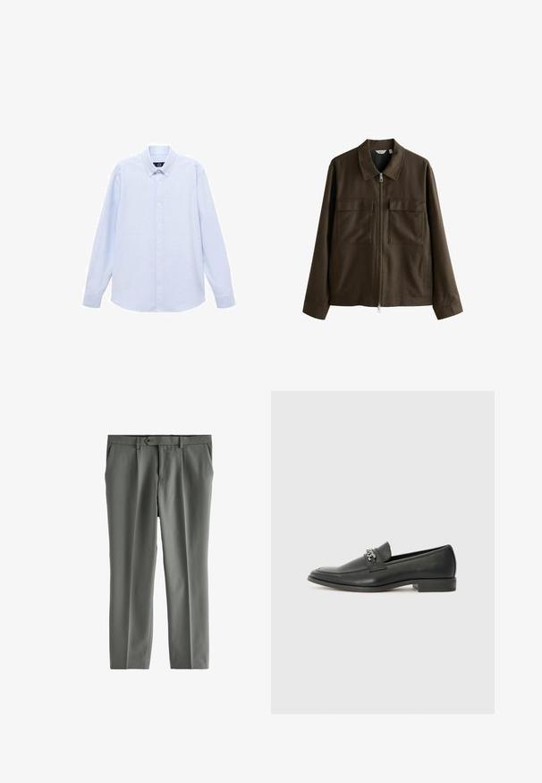 Brun jacka av vävt tyg, med krage, framdragkedja, två stora bröstfickor och rak skärning med långa ärmar.; Ljusblå långärmad skjorta med knappar och klassisk krage, rak fåll och subtil textur. Har en central knäppning.; Next RELAXED FIT MOTIONFLEX - Kostymbyxor - green; Svart läderloafers med en slät yta, med en sydd design och en dekorativ metallkedjeaccent över västen. Platt häldesign.