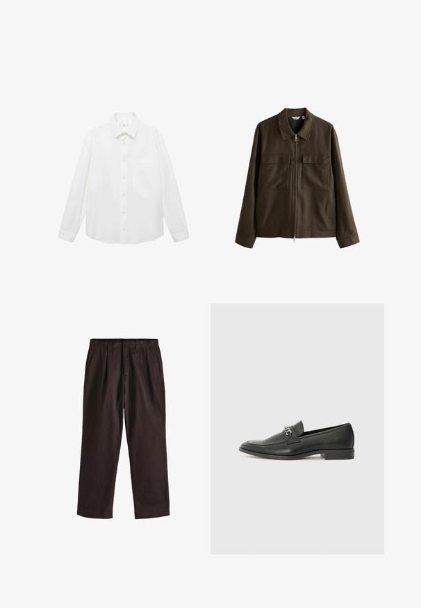 Braune Jacke aus gewobenem Stoff mit Kragen, Frontreißverschluss, zwei großen Brusttaschen und geradem Schnitt mit langen Ärmeln.; Mango ANTARES - Hemd - white; Next EDIT - REGULAR FIT - Stoffhose - brown; Schwarzer Lederloafer mit glatter Oberfläche, ausgestattet mit einer gesteppten Gestaltung und einem dekorativen Metallkettendetail über dem Vorderblatt. Flacher Absatz.