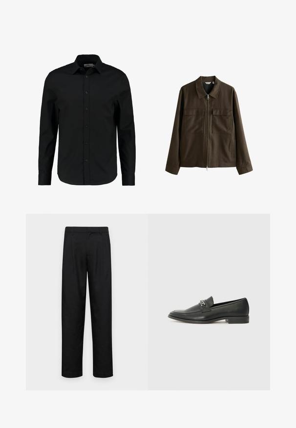 Smeđi kaput od tkanine suzvane, s ovratnikom, prednjim patentnim zatvaračem, dva velika džepa na prsima i ravnim krojem s dugim rukavima.; Crna košulja dugih rukava od glatkog materijala, sa kopčanjem sprijeda, šiljastim kragnom i prilagođenim krojem s zakrivljenim rubom.; Crne hlače od glatkog materijala, s dizajnom ravnih nogavica, dva prednja nabora i standardnim pojasom s petljama za remen.; Crna kožna loafer cipela s glatkom finišem, s ušivenim uzorkom i dekorativnim metalnim lancem preko prednjeg dijela. Ravni potplat.