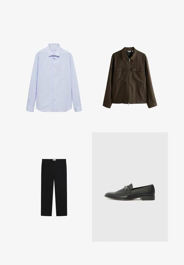 Braune Jacke aus gewobenem Stoff mit Kragen, Frontreißverschluss, zwei großen Brusttaschen und geradem Schnitt mit langen Ärmeln.; Himmelblaues Langarmhemd mit schmalen weißen Streifen, einer Button-Down-Krag, und einem geraden Saum. Verfügt über weiße Knöpfe auf der Vorderseite.; Schwarze Hose mit gerader Beinform, Fronttaschen und Knopfverschluss. Hergestellt aus einem glatten Stoff mit einem eleganten Finish.; Schwarzer Lederloafer mit glatter Oberfläche, ausgestattet mit einer gesteppten Gestaltung und einem dekorativen Metallkettendetail über dem Vorderblatt. Flacher Absatz.