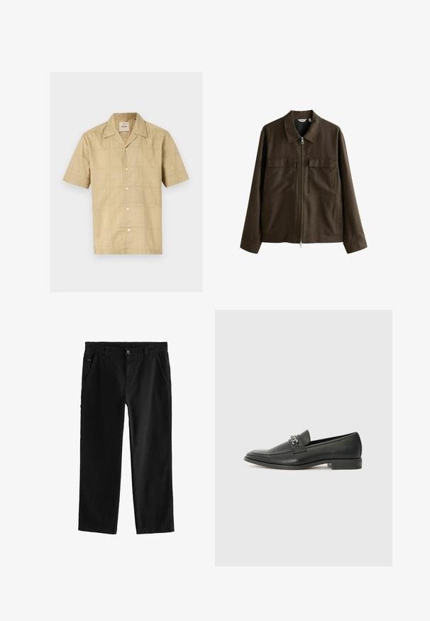 Bruine jas van geweven stof, met een kraag, een ritssluiting aan de voorkant, twee grote borstzakken en een rechte snit met lange mouwen.; Kortarmige, knoopsluiting overhemd in lichtbeige met een subtiel geruit patroon. Gemaakt van een zachte, gestructureerde stof; heeft een klassieke kraag en vijf knopen.; Zwarte katoenen broek met een rechte pijpdesign, voorzien van een knoopsluiting aan de voorkant, schuine zijzakken en subtiele stikdetails.; Zwarte leren instapper met een gladde afwerking, voorzien van een gestikt ontwerp en een decoratieve metalen kettingaccent over de wreef. Platte hak.