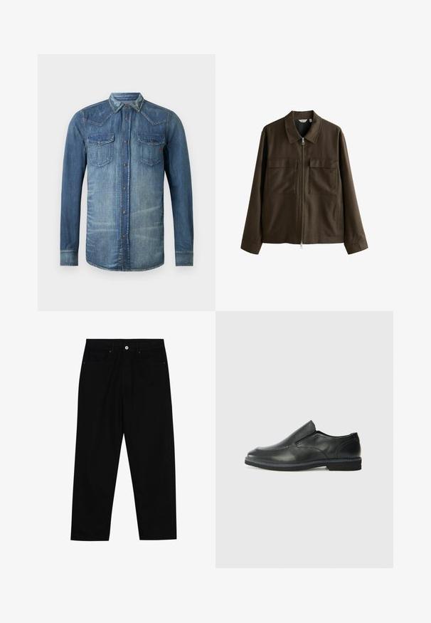 Ruda striukė iš audinio, su apykakle, priekyje su užtrauktuku, dviem didelėmis krūtinės kišenėmis ir tiesiu pasiuvimu su ilgomis rankovėmis.; Džinsinė marškiniai, šviesiai mėlyna, ilgos rankovės, užsegimas mygtukais priekyje, dvi krūtinės kišenės, Vakarų stiliaus iškirptė ir siuvinėjimo akcentai, pablukusi apdaila.; Juoda džinsinė kelnė su tiesiu kirpimu, penkių kišenių dizainu ir priekiniais mygtukais. Lygus paviršius su minimaliu siuvimo detalėmis.; Juodai odiniai įtvirtinimo batai su lygiu paviršiumi, siuvinėjimo akcentais, apvalia nosimi ir žemu guminiu kulnu. Pado raštas minimalus.