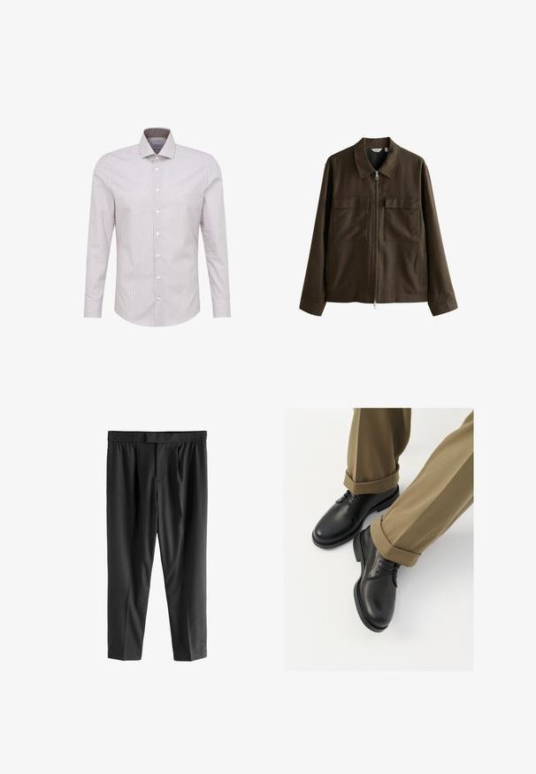 Bruine jas van geweven stof, met een kraag, een ritssluiting aan de voorkant, twee grote borstzakken en een rechte snit met lange mouwen.; Langarm gestreepte blouse in lichtbruin en crème, met een knoopsluiting aan de voorkant en een contrasterende kraag. Lichtgewicht stof met een soepele textuur.; Next REGULAR FIT -CHECK SMART - Chino - black; Zwarte leren brogues met een gladde afwerking, voorzien van veters en een ronde neus, gecombineerd met opgerolde khaki broek.