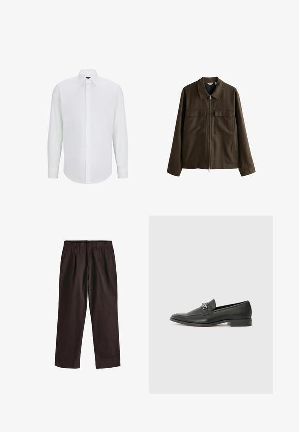 Pruun jakk, mis on valmistatud kootud kangast, omab kraega kaelust, esimest tõmblukku, kahte suurt rinna taskut ja sirget lõiget pikemate varrukatega.; Valge pikkade varrukatega shirt sileda kangaga, millel on standardne krae, ees nööbiklapp ja ümmargune äär. Ei mingeid nähtavaid mustreid ega aktsente.; Next EDIT - REGULAR FIT - Püksid - brown; Must haveate nahkking punased, millel on sile viimistlus, tikitud muster ja dekoratiivne metallkett vampi üle. Tasane konts.