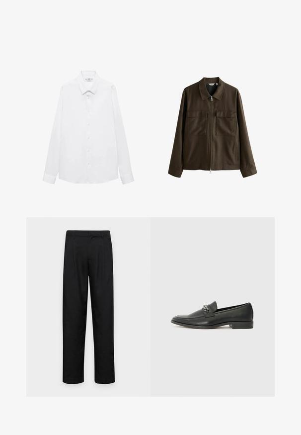 Giacca marrone realizzata in tessuto intrecciato, con colletto, zip frontale, due grandi tasche sul petto e una vestibilità dritta con maniche lunghe.; Camicia bianca a maniche lunghe con colletto a punta, chiusura frontale con bottoni e polsini con bottoni. Tessuto liscio con un design a taglio classico.; Pantaloni neri realizzati in tessuto liscio, caratterizzati da un taglio dritto, due pieghe frontali e una vita standard con passanti per la cintura.; Mocassino in pelle nera con finitura liscia, caratterizzato da un design cucito e da un accento decorativo in catena metallica sul vamp. Tacco piatto.
