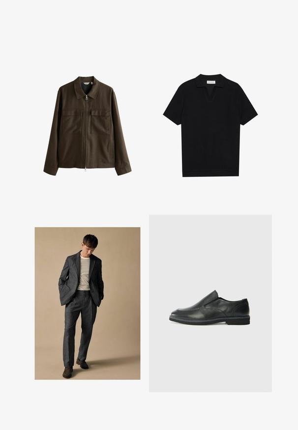 Braune Jacke aus gewobenem Stoff mit Kragen, Frontreißverschluss, zwei großen Brusttaschen und geradem Schnitt mit langen Ärmeln.; Schwarzes Kurzarm-Polohemd aus texturiertem, geripptem Stoff, mit einem V-Ausschnitt und geradem Saum. Keine sichtbaren Logos oder Muster.; Grauer maßgeschneiderter Anzug mit Schalkragen und Fronttaschen, kombiniert mit einem gestreiften Hemd. Die Hose hat eine lockere Passform und Faltendetails. Braune Schuhe.; Schwarze Leder-Slipper mit glattem Obermaterial, gesteppten Akzenten, runder Zehenpartie und niedrigem Gummiabsatz. Die Sohle hat ein minimales Profil.