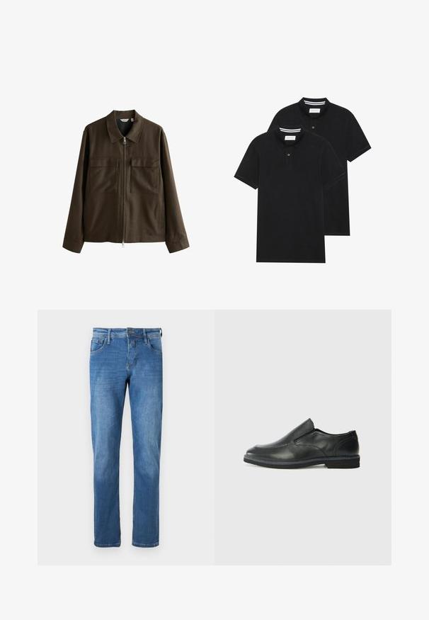 Smeđi kaput od tkanine suzvane, s ovratnikom, prednjim patentnim zatvaračem, dva velika džepa na prsima i ravnim krojem s dugim rukavima.; Dva crna polo majice, kratki rukavi, pamučni materijal, sa klasičnom ovratnikom, čepom sa dva gumba i bijelim prugastim detaljima unutar ovratnika.; Traperice u srednje plavoj boji s ravnim krojem. Imaju pet džepova, kopčanje na gumbi i vidljive šavove duž šavova.; Crne kožne cipele na sklapanje s glatkom gornjom površinom, prošivenim detaljima, zaobljenim vrhom i niskim gumene potplate. Potplat ima minimalne uzorke.