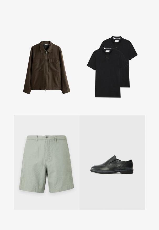 Pruun jakk, mis on valmistatud kootud kangast, omab kraega kaelust, esimest tõmblukku, kahte suurt rinna taskut ja sirget lõiget pikemate varrukatega.; Kaks musta polo särki, lühikeste varrukatega, puuvillane materjal, klassikalise kraega, kahe nupuga kinnitusega, valgete triipudega krae sisepinnal.; Heledadest roheline linane lühike püksid lame esiosaga, ühe nööbiga kinnitamine ja küljetaskud. Lame serv, millel on minimaalne õmbluse detail.; Must musta laia suuga king, millel on sile ülemine osa, õmmeldud detailid, ümmargune nina ja madal kummist konts. Tallal on minimaalne mustr.