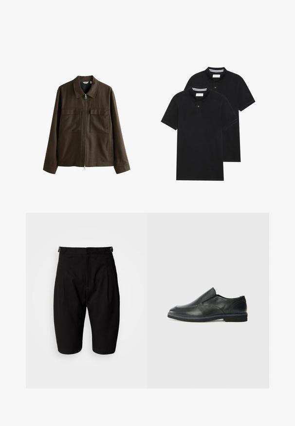 Jachetă maro din pânză țesută, cu guler, fermoar frontal, două buzunare mari pe piept și croială dreaptă cu mâneci lungi.; Două tricouri polo negre, cu mânecă scurtă, din material de bumbac, având un guler clasic, deschidere cu două butoane și accente albe cu dungi în interiorul gulerului.; Pantaloni scurți negri dintr-un material neted, cu un front pliat, curele de curea și un design croit cu o tăietură dreaptă deasupra genunchiului.; Pantof de piele neagră, tip slip-on, cu un superior neted, accente cusute, vârf rotunjit și un toc jos din cauciuc. Talpa are un profil minim de aderență.