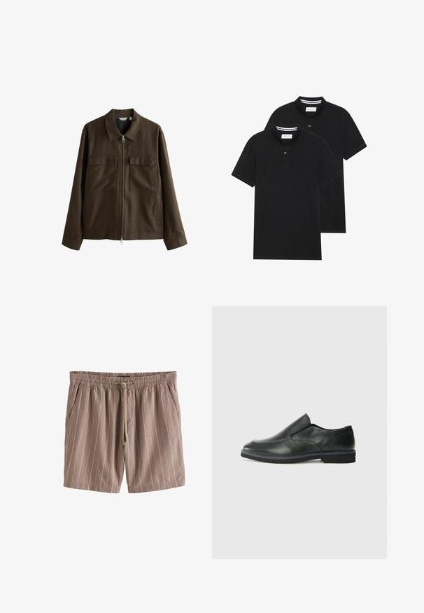 Braune Jacke aus gewobenem Stoff mit Kragen, Frontreißverschluss, zwei großen Brusttaschen und geradem Schnitt mit langen Ärmeln.; Zwei schwarze Polohemden, kurzärmlig, aus Baumwolle, mit einem klassischen Kragen, zwei Knöpfen und weißen Streifenakzenten im Inneren des Kragens.; Braun gestreifte Shorts aus leichtem Stoff, mit elastischem Taillenzug, Kordelzug und seitlichen Taschen.; Schwarze Leder-Slipper mit glattem Obermaterial, gesteppten Akzenten, runder Zehenpartie und niedrigem Gummiabsatz. Die Sohle hat ein minimales Profil.