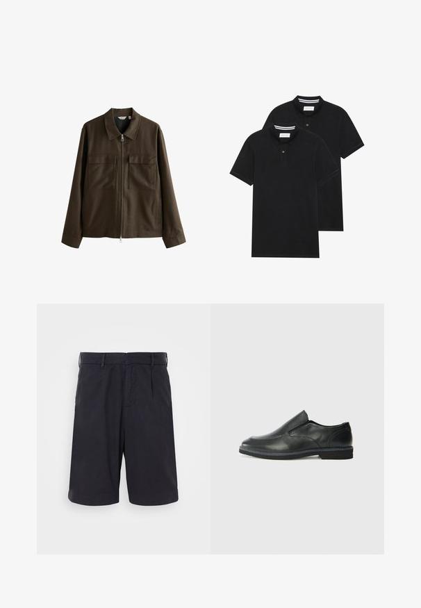 Rjava jakna iz tkanine, z ovratnikom, sprednjim zadrgo, dvema velikima žepoma na prsih ter ravnim krojem in dolgimi rokavi.; Dve črne polo majice, kratke rokave, iz bombažnega materiala, z klasik ovratnikom, dvobodno zaponko in belimi črtkami znotraj ovratnika.; Mornarice bombažne kratke hlače z ravnim sprednjim delom, zankami za pas, stranskimi žepi in sproščenim krojem, ki se ponašajo z gladko teksturo in čistim dizajnom.; Črne usnjene natikače z gladkim zgornjim delom, prišitimi detajli, zaobljenim nosom in nizkim gumijastim petkom. Podplat ima minimalen profil.