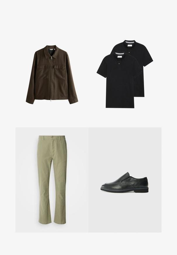 Ruskea takki, joka on valmistettu kudotusta kankaasta, jossa on kauluksellinen kaula, etuvetoketju, kaksi suurta rintataskua ja suora leikkaus pitkillä hihoilla.; Kaksi mustaa lyhythihaista poolopaitaa, puuvillamateriaalia, joissa on klassinen kaulus, kahden napin napitus ja valkoiset raidat kauluksen sisällä.; Vaaleanvihreät puuvillahousut suoranlahkeisella designilla, joissa on etupainonappi ja hieno tekstuuri. Ei näkyviä kuvioita tai aksentteja.; Musta nahkainen liukujalkine, jossa on sileä pinta, ommeltuja yksityiskohtia, pyöristetty kärki ja matala kumipohja. Pohjassa on minimaalinen pito.