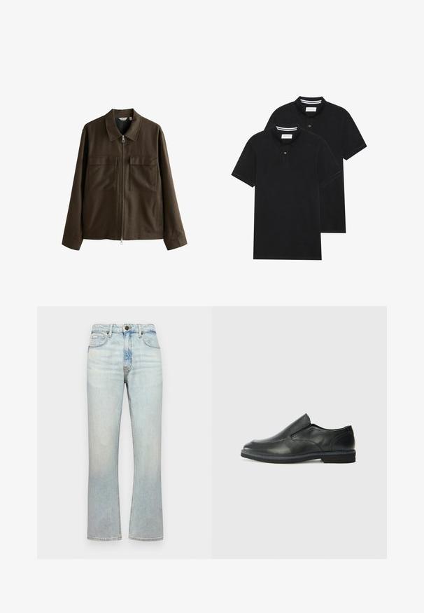 Pruun jakk, mis on valmistatud kootud kangast, omab kraega kaelust, esimest tõmblukku, kahte suurt rinna taskut ja sirget lõiget pikemate varrukatega.; Kaks musta polo särki, lühikeste varrukatega, puuvillane materjal, klassikalise kraega, kahe nupuga kinnitusega, valgete triipudega krae sisepinnal.; Heledad sinine teksapüksid, kõrge talje, sirge jalgade lõige ja õrn fade. Omab viit taskut ja metallehitusnupuga sulgemist.; Must musta laia suuga king, millel on sile ülemine osa, õmmeldud detailid, ümmargune nina ja madal kummist konts. Tallal on minimaalne mustr.