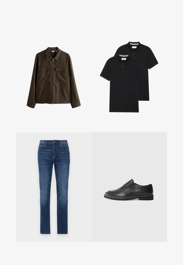 Hnědá bunda vyrobená z tkané látky, s límečkem, předním zipem, dvěma velkými náprsními kapsami a rovný střih s dlouhými rukávy.; Dvě černé polokošile s krátkým rukávem z bavlny, s klasickým límcem, dvouknoflíkovou légou a bílými pruhovanými akcenty uvnitř límce.; Tmavěmodré džíny z denimu s klasickým rovně střiženým stylem, designem s pěti kapsami a mírným vyblednutím na nohavicích. Obsahují zapínání na knoflík a zip.; Černá kožená nazouvací bota s hladkým svrškem, prošívanými detaily, zaoblenou špičkou a nízkým gumovým podpatkem. Podešev má minimální vzorek.
