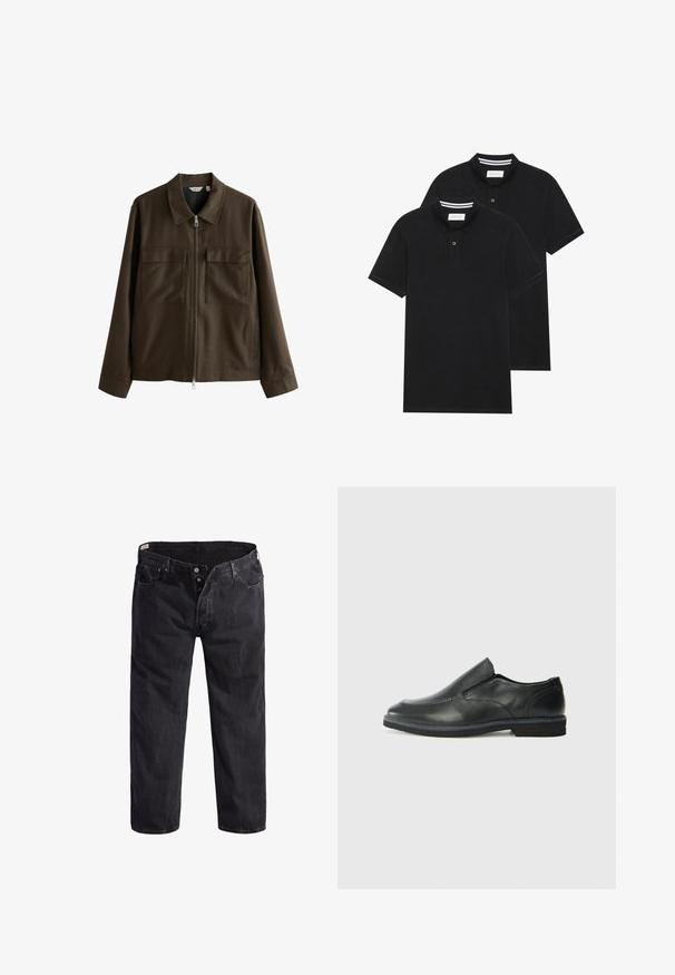 Jachetă maro din pânză țesută, cu guler, fermoar frontal, două buzunare mari pe piept și croială dreaptă cu mâneci lungi.; Două tricouri polo negre, cu mânecă scurtă, din material de bumbac, având un guler clasic, deschidere cu două butoane și accente albe cu dungi în interiorul gulerului.; Blugi din denim negru cu design drept, cinci buzunare, închidere cu nasture și accente de cusătură portocalie. Textură ușor estompată pe întregul material.; Pantof de piele neagră, tip slip-on, cu un superior neted, accente cusute, vârf rotunjit și un toc jos din cauciuc. Talpa are un profil minim de aderență.