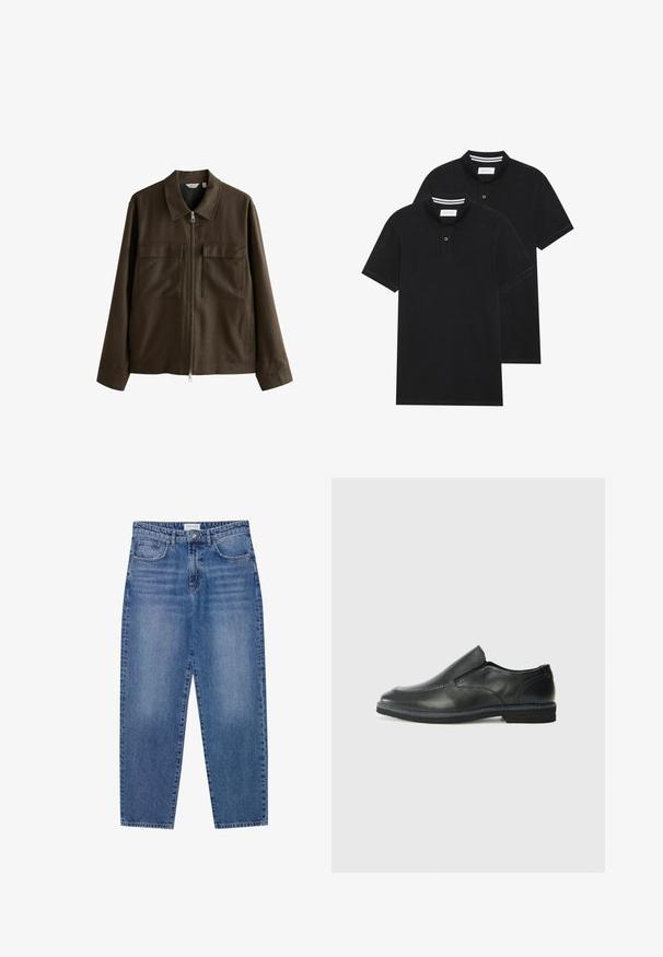 Barna dzseki, szőtt anyagból készült, galléros nyakkal, elülső cipzárral, két nagy mellzsebbel, egyenes szabással és hosszú ujjakkal.; Két fekete pólóing, rövid ujjú, pamut anyagból készült, klasszikus gallérral, két gombos gombolással, és fehér csíkos díszítéssel a gallér belső részén.; Kék farmernadrág magas derekú, egyenes szárú dizájnnal és kopott hatással. Öt zsebbel és gombos záródással rendelkezik.; Fekete bőr, slip-on cipő sima felsőrésszel, varrott díszítéssel, lekerekített orral és alacsony gumitalppal. A talpa minimális bordázattal rendelkezik.