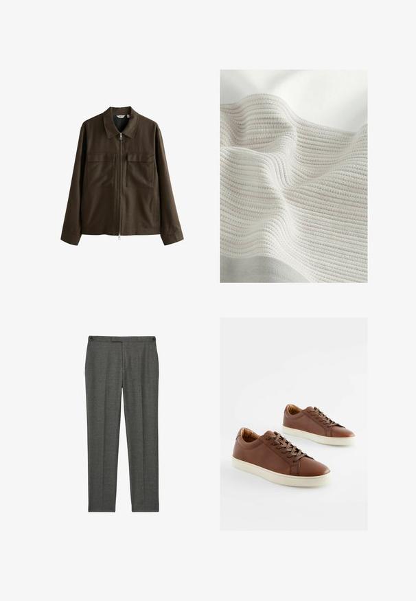 Braune Jacke aus gewobenem Stoff mit Kragen, Frontreißverschluss, zwei großen Brusttaschen und geradem Schnitt mit langen Ärmeln.; Strukturierter Stoff mit hellgrauen und cremeweißen Streifen. Weiches Material mit einer gewellten Optik, das das Gewebemuster und die sanften Falten betont.; Graue, maßgeschneiderte Hosen aus einem strukturierten Stoff. Sie haben eine flache Vorderseite, zwei Seitentaschen und dezente Nähte.; Braune Leder-Sneaker mit glatter Textur, weißen Gummisohlen und passenden braunen Schnürsenkeln. Rundes Zehendesign mit minimalen Nähdetails.