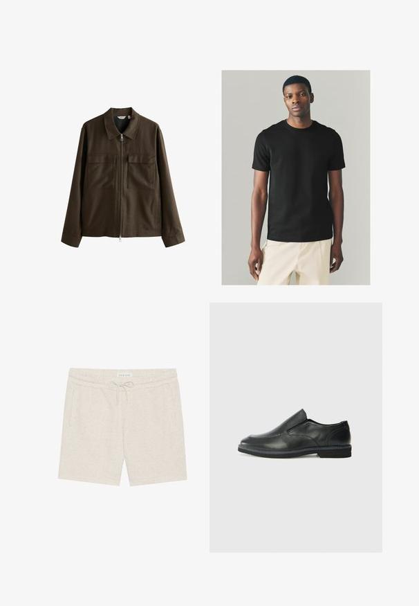 Pruun jakk, mis on valmistatud kootud kangast, omab kraega kaelust, esimest tõmblukku, kahte suurt rinna taskut ja sirget lõiget pikemate varrukatega.; Must musta T-särk lühikeste varrukatega, ümmargune kaelus ja vormitud siluett, kombineeritud heleda värvusega pükstega. Sile tekstuur.; Kerged beežid lühikesed püksid, mis on valmistatud pehmest materjalist, mulle on tõmblukuga vöökoht, küljetaskud ja peen kärbitud tekstuur.; Must musta laia suuga king, millel on sile ülemine osa, õmmeldud detailid, ümmargune nina ja madal kummist konts. Tallal on minimaalne mustr.