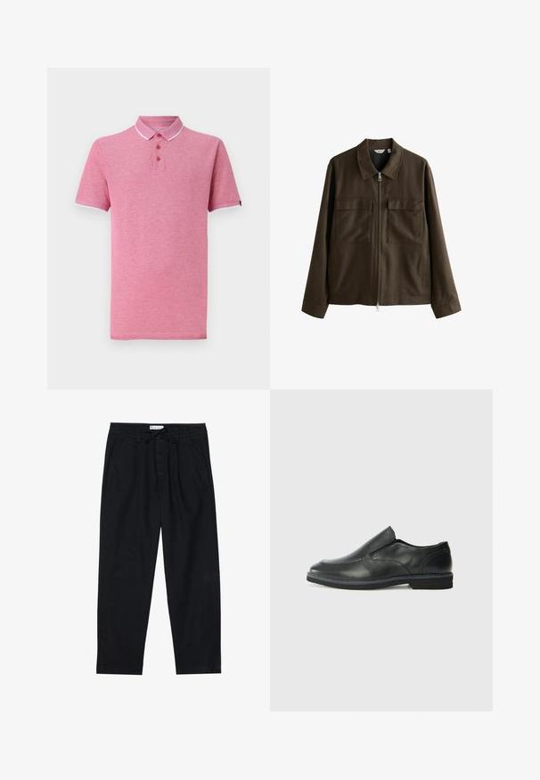 Ruda striukė iš audinio, su apykakle, priekyje su užtrauktuku, dviem didelėmis krūtinės kišenėmis ir tiesiu pasiuvimu su ilgomis rankovėmis.; Rožinė polo marškinė su trumpomis rankovėmis, sutraukta apykakle, trimis mygtukais ir kontrastingais baltais apvadais apykaklėje ir rankovėse.; Pier One Chino stiliaus kelnės - black; Juodai odiniai įtvirtinimo batai su lygiu paviršiumi, siuvinėjimo akcentais, apvalia nosimi ir žemu guminiu kulnu. Pado raštas minimalus.