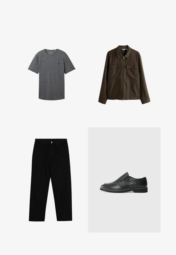 Hnedá bunda vyrobená z tkaného materiálu, s golierom, predným zipsom, dvoma veľkými vreckami na hrudi a rovnými rukávmi.; TOM TAILOR DENIM OPEN EDGE MELANGE - Základné tričko - black; Čierne denimmové nohavice s rovný strihom, dizajnom s piatimi vreckami a upínaním na prednej strane. Hladká textúra s minimálnymi detailmi šitia.; Čierny kožený nazúvací topánka s hladkým zvrškom, prešitými akcentmi, zaoblenou špičkou a nízkym gumovým podpätkom. Podošva má minimálny dezén.