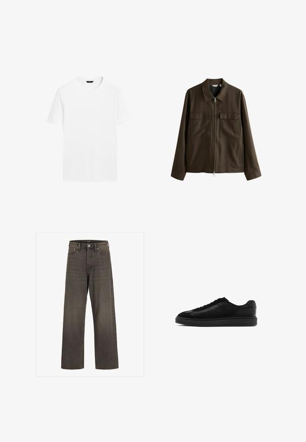 Hnědá bunda vyrobená z tkané látky, s límečkem, předním zipem, dvěma velkými náprsními kapsami a rovný střih s dlouhými rukávy.; Bílá bavlněná tričko s kulatým výstřihem, krátkými rukávy a rovný střih. Má hladkou, lehkou texturu a žádné viditelné vzory.; Džínové kalhoty s širokými nohavicemi v tmavě šedém denimu, s vysokým pasem, klasickým designem pěti kapes a kontrastním prošíváním podél švů.; Černé kožené tenisky s hladkým povrchem, kulatou špičkou, šněrováním na přední části a kontrastní texturovanou klopnou. Silná černá gumová podrážka.