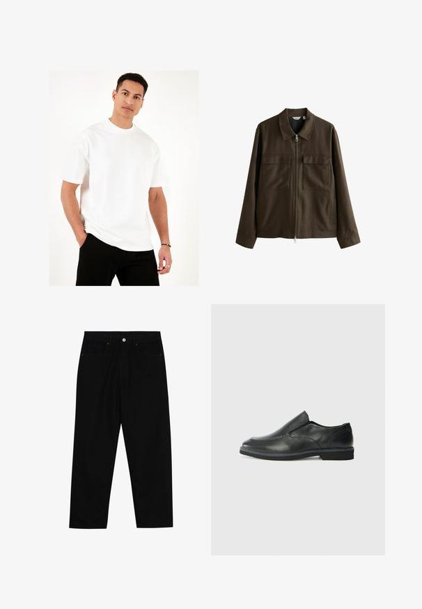 Ruskea takki, joka on valmistettu kudotusta kankaasta, jossa on kauluksellinen kaula, etuvetoketju, kaksi suurta rintataskua ja suora leikkaus pitkillä hihoilla.; Valkoinen pyöreäkauluksinen t-paita, joka on valmistettu kevyestä puuvillasta. Lyhyet hihat, rento istuvuus ja litteät saumat. Yhdistetty mustiin housuihin, kädet taskuissa.; Mustat farkut suoraan lahkeella, viisi taskua ja etunappikiinnitys. Sileä rakenne, jossa on vain vähäisiä ompelualueita.; Musta nahkainen liukujalkine, jossa on sileä pinta, ommeltuja yksityiskohtia, pyöristetty kärki ja matala kumipohja. Pohjassa on minimaalinen pito.