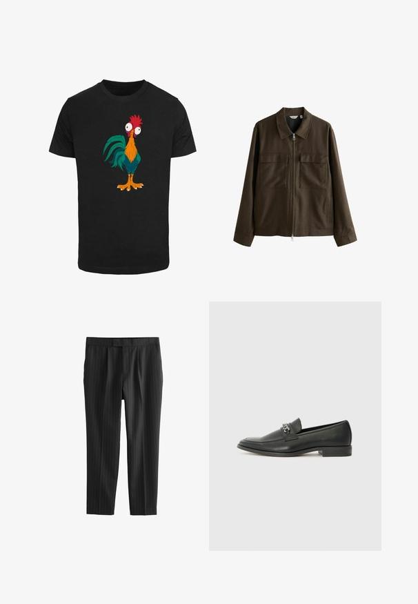 Ruskea takki, joka on valmistettu kudotusta kankaasta, jossa on kauluksellinen kaula, etuvetoketju, kaksi suurta rintataskua ja suora leikkaus pitkillä hihoilla.; Mustapaita, jossa on värikäs sarjakuvakotka -kuvio, jossa on liioitellut piirteet ja suuret silmät, esittäen oransseja, vihreitä ja punaisia yksityiskohtia.; Musta pinnastriiped püksid, mis on valmistatud siledast kangast, millel on nööbiga kinnitamine ja tavaline istuvus. Vertikaalsed triibud kulgevad ühtlaselt läbi.; Musta nahkakengät, joissa on sileä pinta, koristeelliset ompeleet ja metalliketjun yksityiskohta kengän päällä. Littee korko.