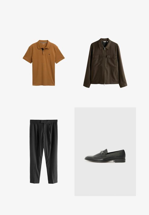Brun jakke lavet af vævet stof, med krave, frontlynlås, to store brystlommer og lige snit med lange ærmer.; Brun polo skjorte lavet af glat bomuld med klassisk krave, tre-knaps placket og kontrasterende marineblå detaljer på kraven.; Next REGULAR FIT -CHECK SMART - Chino - black; Sorte læder loafers med en glat finish, der har et syet design og et dekorativt metal kædeaccent hen over vamps. Flad hæl.