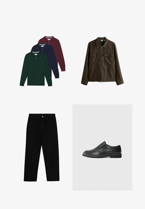 Barna dzseki, szőtt anyagból készült, galléros nyakkal, elülső cipzárral, két nagy mellzsebbel, egyenes szabással és hosszú ujjakkal.; Három hosszúujjú poloing sötétzöld, navy kék és bordó színben, klasszikus gallérral és gombokkal. Puha, texturált anyag.; Fekete farmernadrág, egyenes szabással, öt zsebből álló dizájnnal és elülső gombos záródással. Simább felület minimális varrási részletekkel.; Fekete bőr, slip-on cipő sima felsőrésszel, varrott díszítéssel, lekerekített orral és alacsony gumitalppal. A talpa minimális bordázattal rendelkezik.