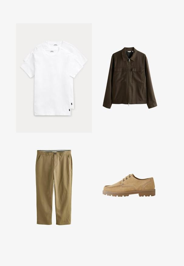Ruskea takki, joka on valmistettu kudotusta kankaasta, jossa on kauluksellinen kaula, etuvetoketju, kaksi suurta rintataskua ja suora leikkaus pitkillä hihoilla.; Kaksi valkoista puuvillapaita, joissa on pyöreä kaula-aukko ja lyhyet hihat, sekä pieni musta Polo-logo vasemmassa alareunassa.; Khaki chinot, joka on valmistettu puuvillasekoitteesta. Niissä on kaksi sivutaskua, nappikiinnitys, suorat lahkeet ja sileä pinta.; Tan suede-lace up kengät, joissa on pyöristetty kärki, kontrastoiva ommel ja paksu kumipohja, jossa on kulutuskuvio pidon varmistamiseksi.